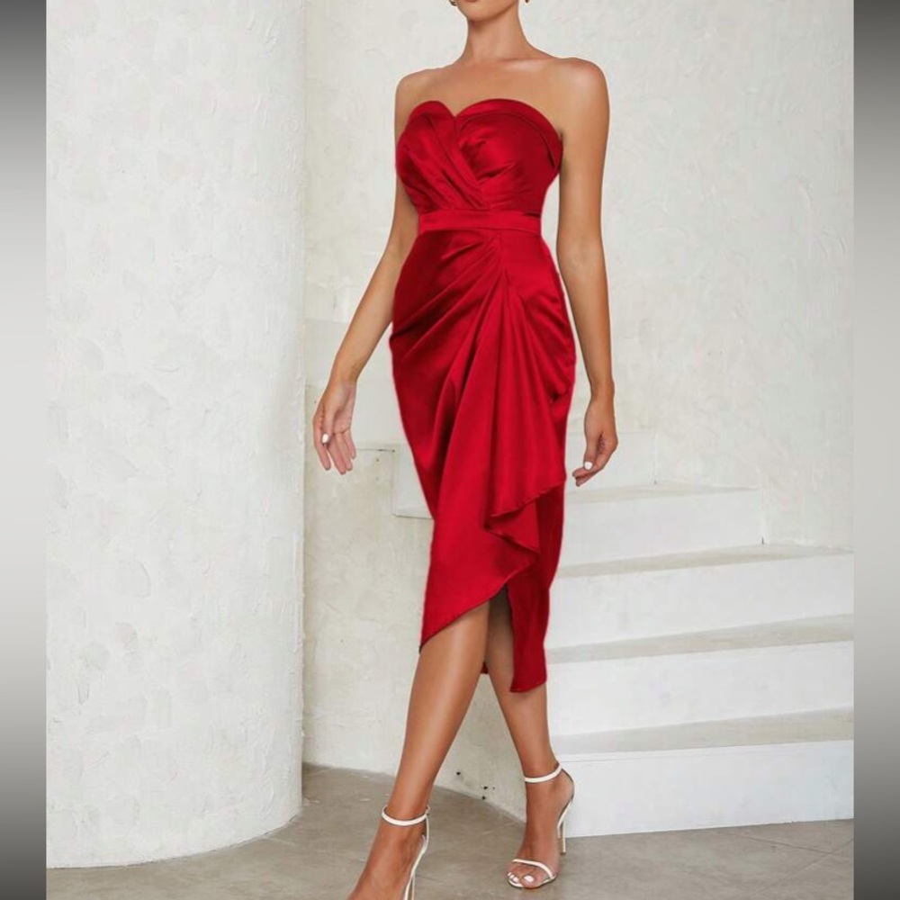 Luxe ruched ruffle party formal tube satin dress - Picture 7 of 7